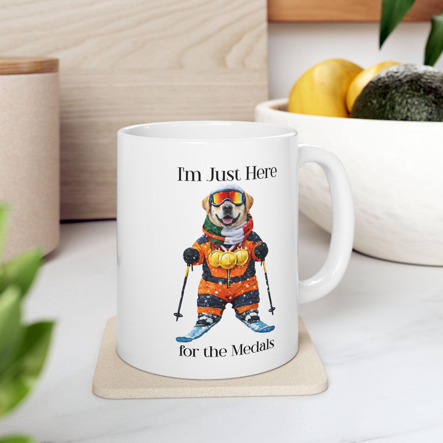 I'm Just Here for the Medals Skiing Yellow Labrador Mug; Apres ski gift