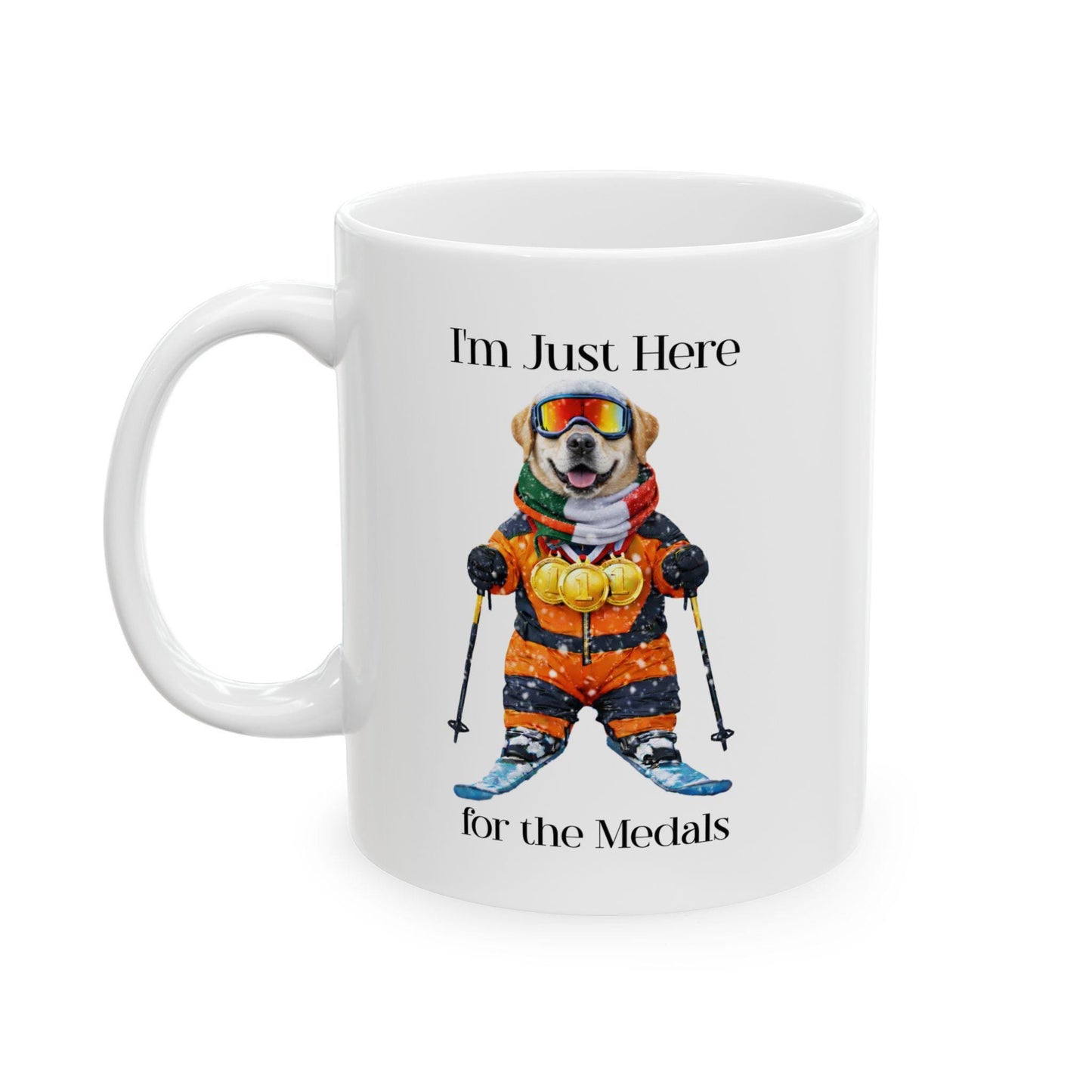 I'm Just Here for the Medals Skiing Yellow Labrador Mug; Apres ski gift