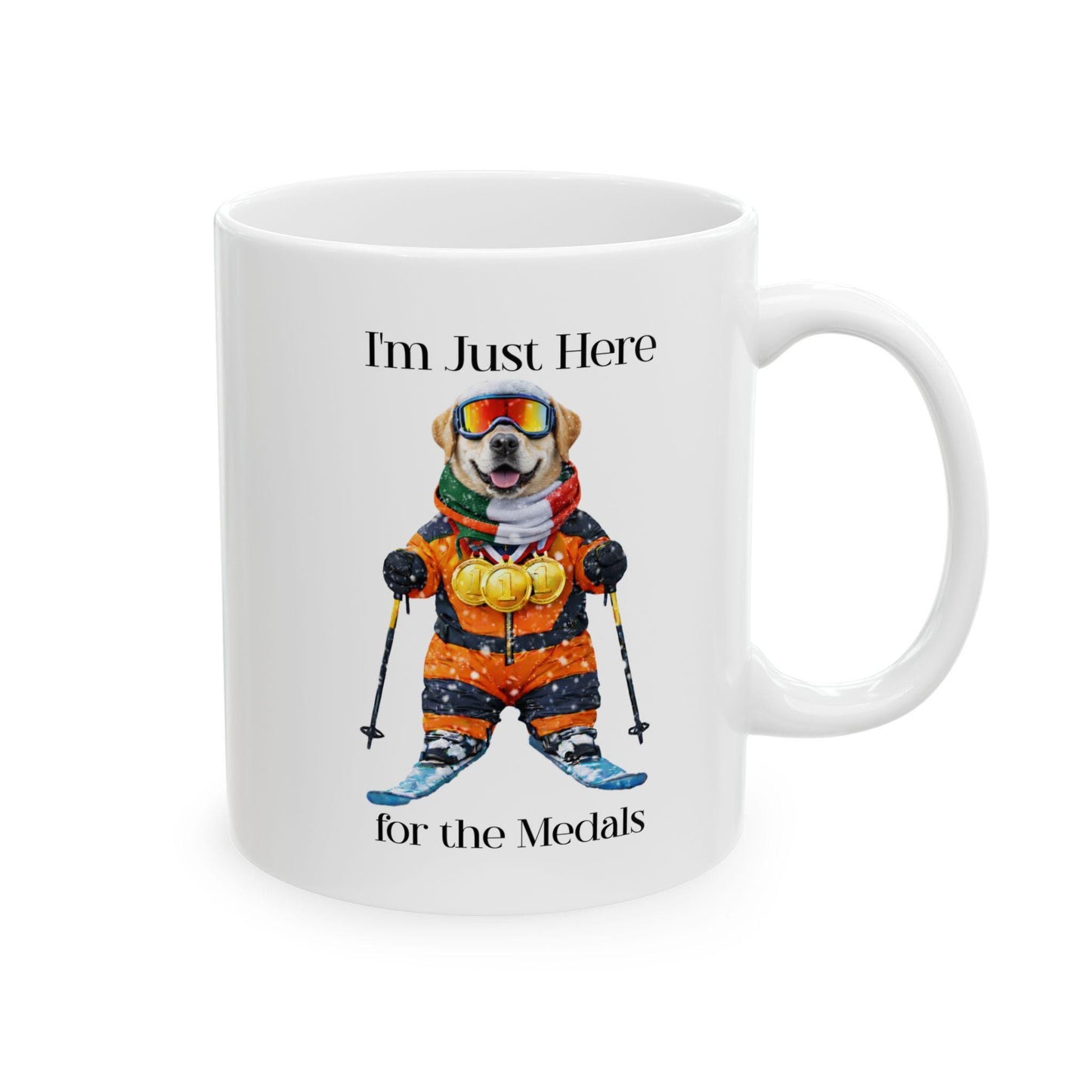 I'm Just Here for the Medals Skiing Yellow Labrador Mug; Apres ski gift