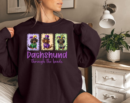 Dachshund Through the Beads Sweatshirt | Mardi Gras Dachshund Crewneck