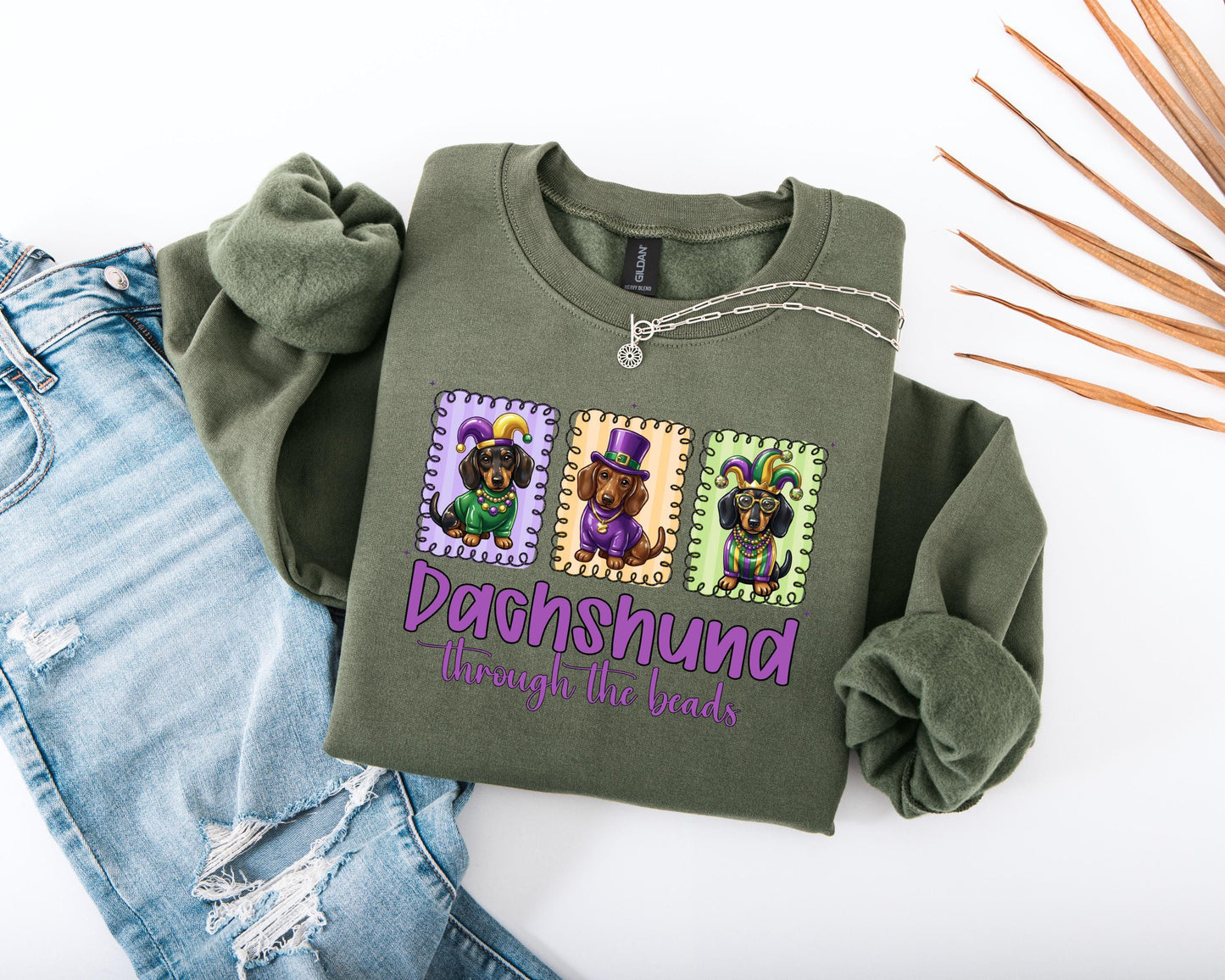Dachshund Through the Beads Sweatshirt | Mardi Gras Dachshund Crewneck