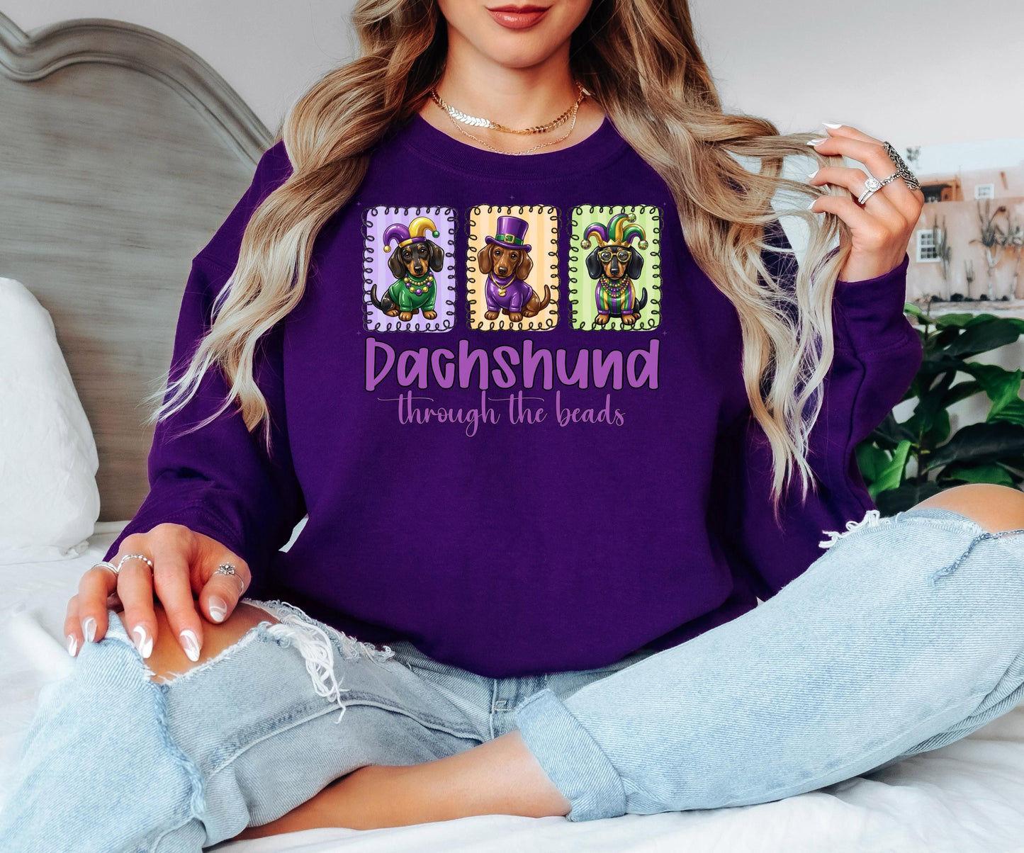 Dachshund Through the Beads Sweatshirt | Mardi Gras Dachshund Crewneck