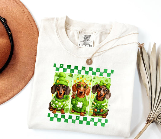 Dachshund T-Shirt St. Patrick's Trio: Clover Pattern, Green Cotton, Unisex Sizes; Shamrock Dachshund
