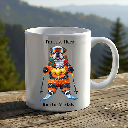 I'm Just Here for the Medals Skiing Bulldog Mug | Apres Ski Gift
