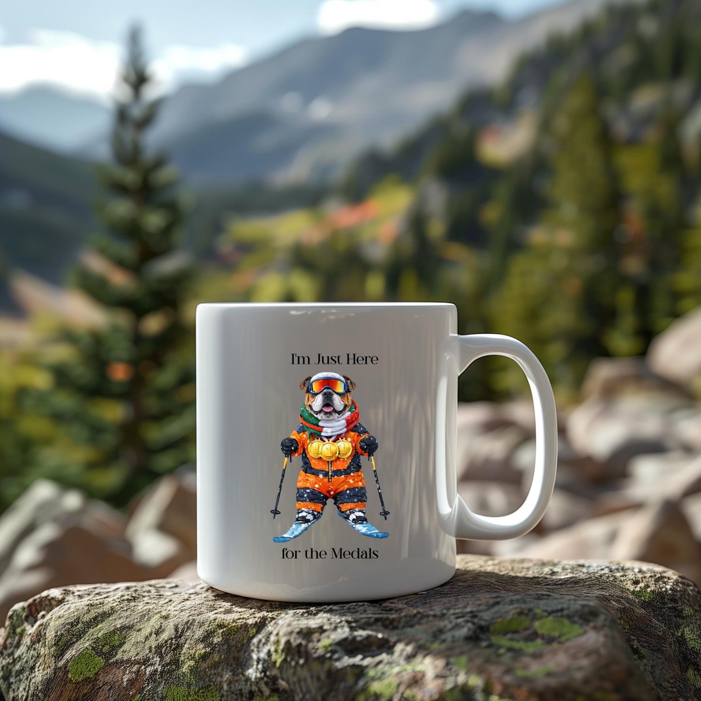 I'm Just Here for the Medals Skiing Bulldog Mug | Apres Ski Gift