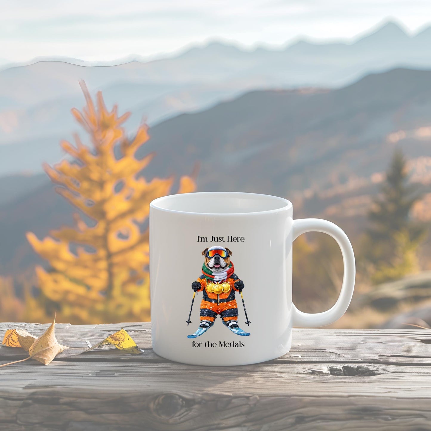 I'm Just Here for the Medals Skiing Bulldog Mug | Apres Ski Gift