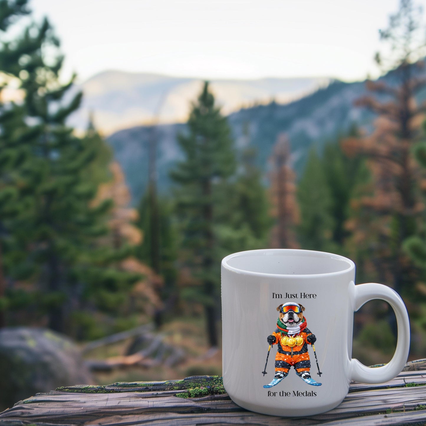 I'm Just Here for the Medals Skiing Bulldog Mug | Apres Ski Gift