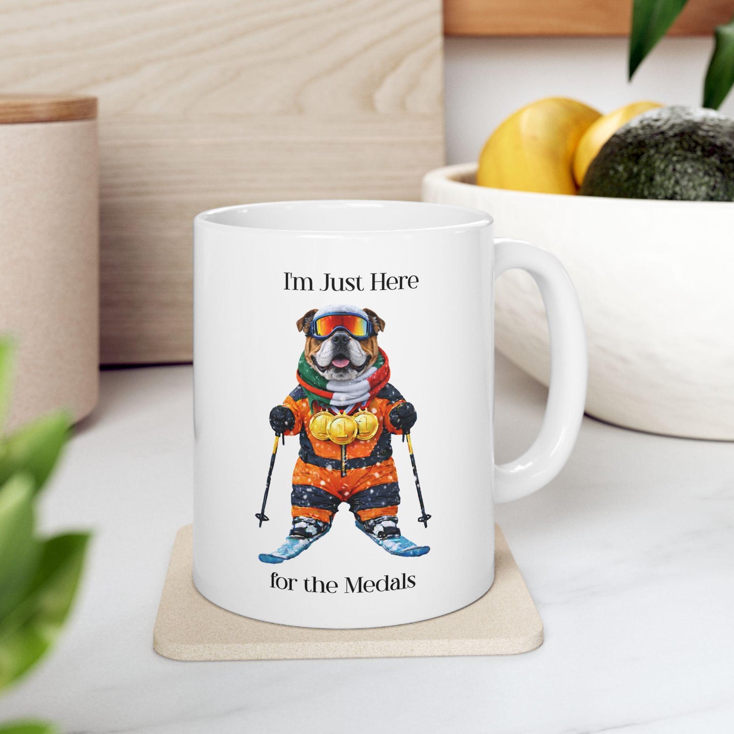 I'm Just Here for the Medals Skiing Bulldog Mug | Apres Ski Gift