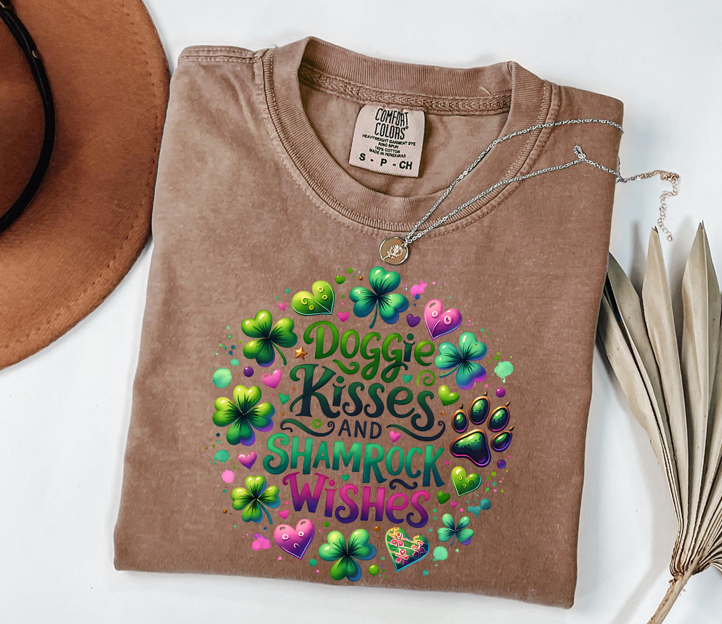 Doggie Kisses and Shamrock Wishes T-shirt | St. Patrick's Day Paw Print Design; Hearts and Paws Tee