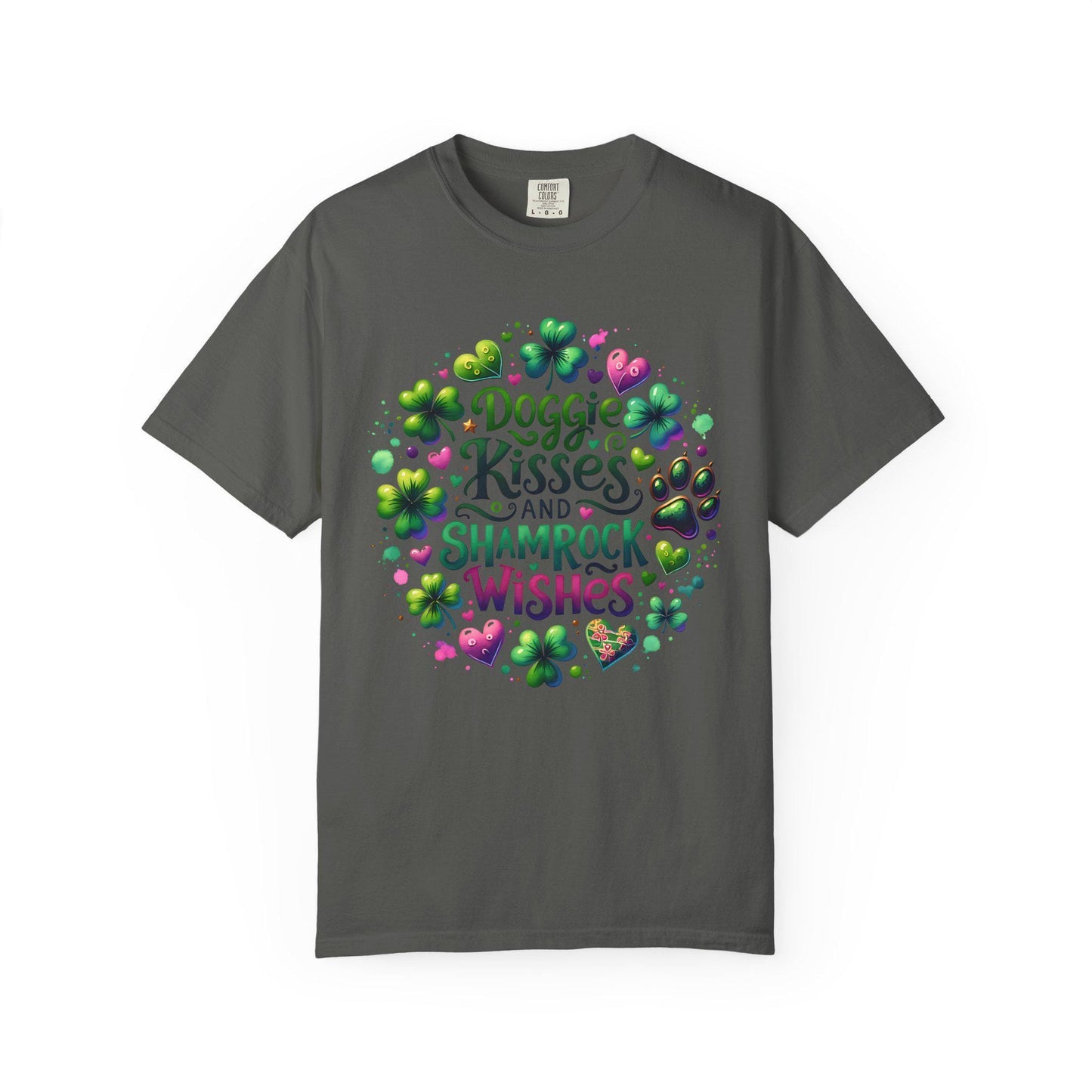 Doggie Kisses and Shamrock Wishes T-shirt | St. Patrick's Day Paw Print Design; Hearts and Paws Tee