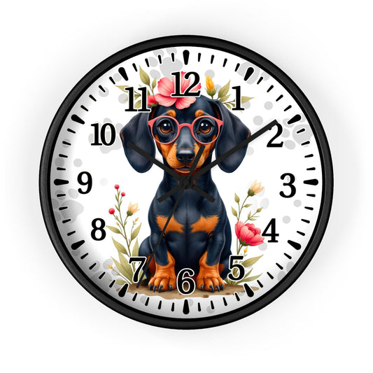 Dachshund with Glasses Wall Clock | Cute Dog Floral Illustration; Gift for pet owner