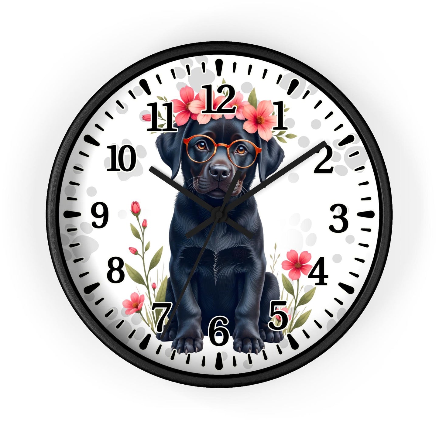 Black Labrador with Glasses and Floral Crown Wall Clock | Cute Dog Clock
