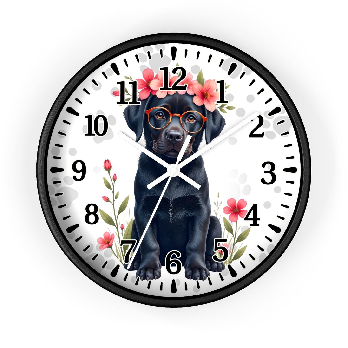 Black Labrador with Glasses and Floral Crown Wall Clock | Cute Dog Clock