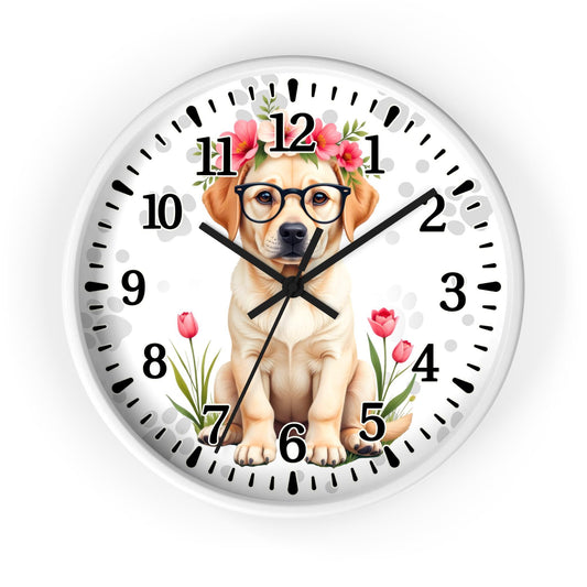 Cute Labrador with Glasses Floral Crown Wall Clock | Puppy Decor; Dog Owner gift