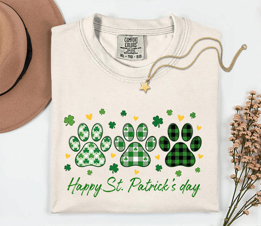 Dog Paw Prints St. Patrick's Day T-shirt | Shamrock Paw Print St Patrick Tee; Lucky Paw Print