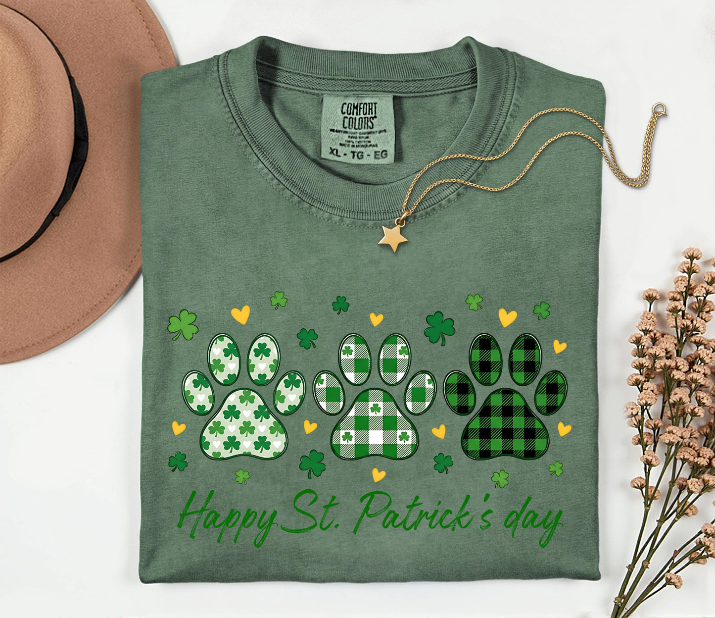 Dog Paw Prints St. Patrick's Day T-shirt | Shamrock Paw Print St Patrick Tee; Lucky Paw Print
