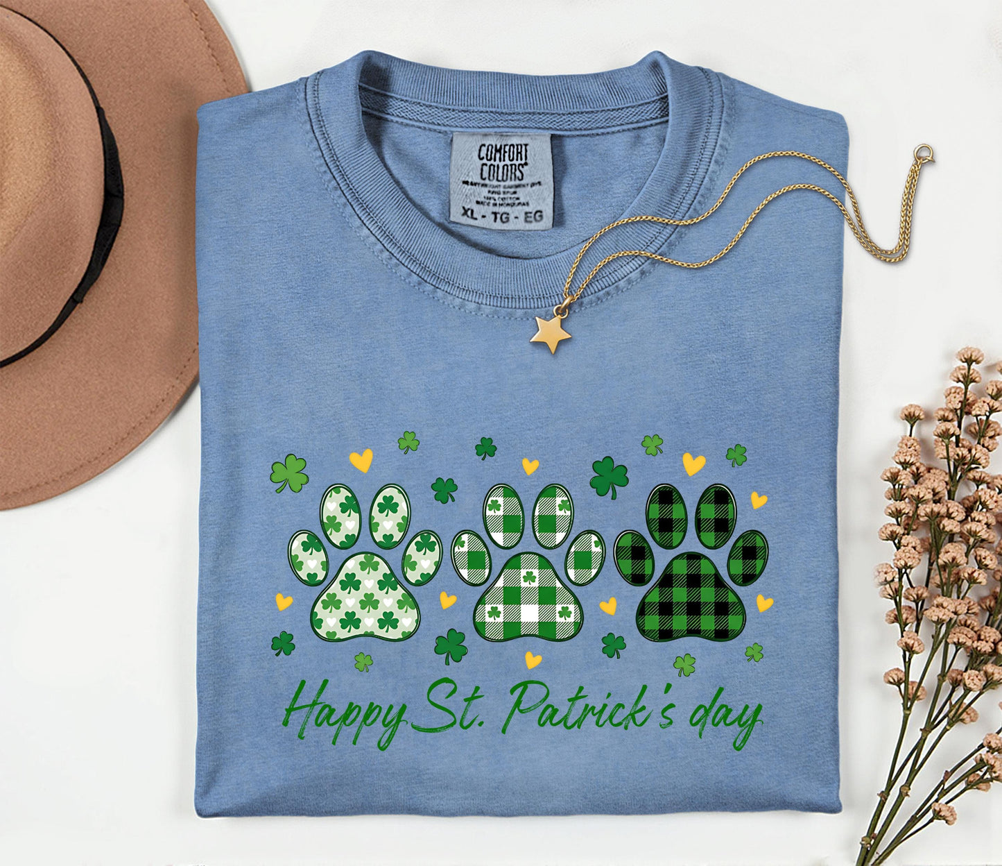 Dog Paw Prints St. Patrick's Day T-shirt | Shamrock Paw Print St Patrick Tee; Lucky Paw Print