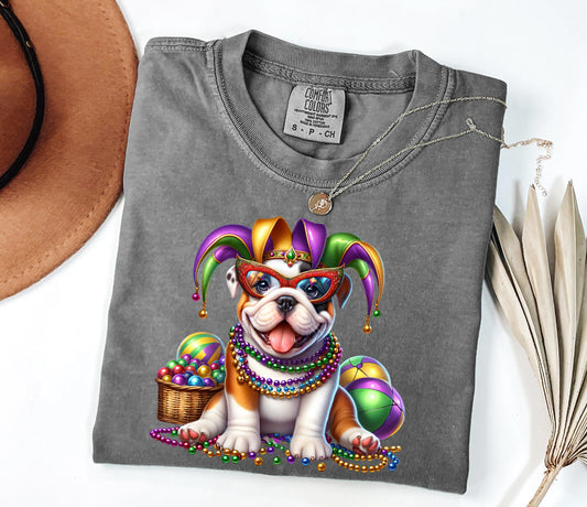Mardi Gras Bulldog Puppy T-Shirt | Jester Hat Beads Carnival Tee; Dog Lover Tee