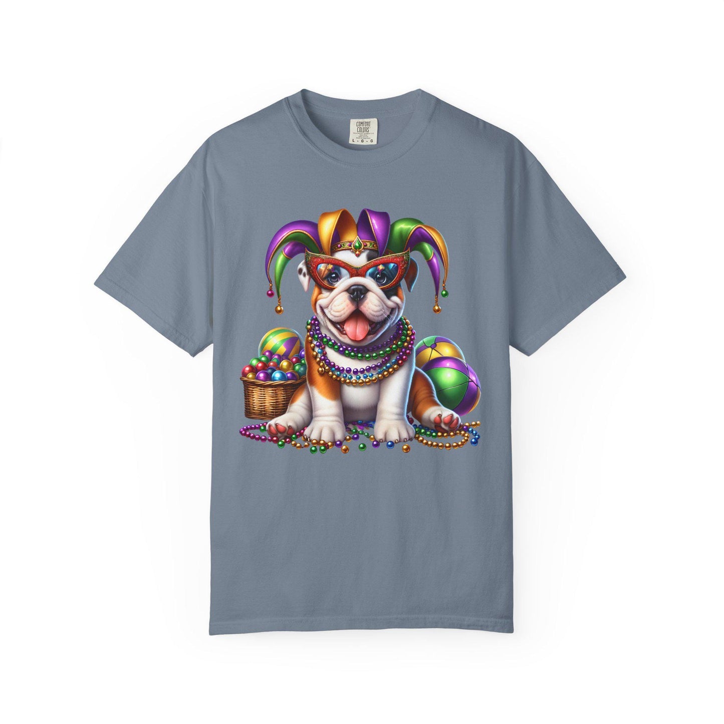 Mardi Gras Bulldog Puppy T-Shirt | Jester Hat Beads Carnival Tee; Dog Lover Tee