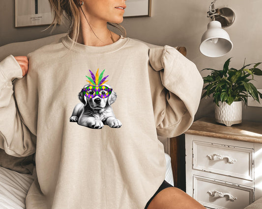Mardi Gras Puppy Crewneck Sweatshirt | Cute Dog with Feather Mask
