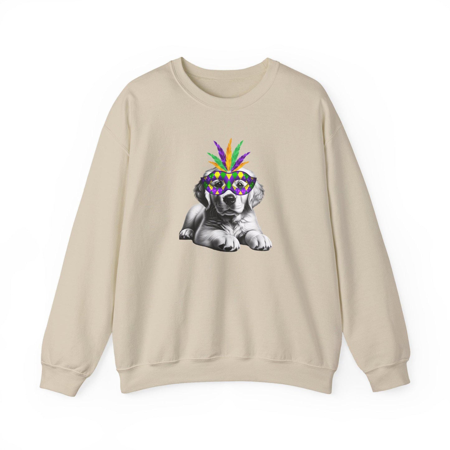 Mardi Gras Puppy Crewneck Sweatshirt | Cute Dog with Feather Mask