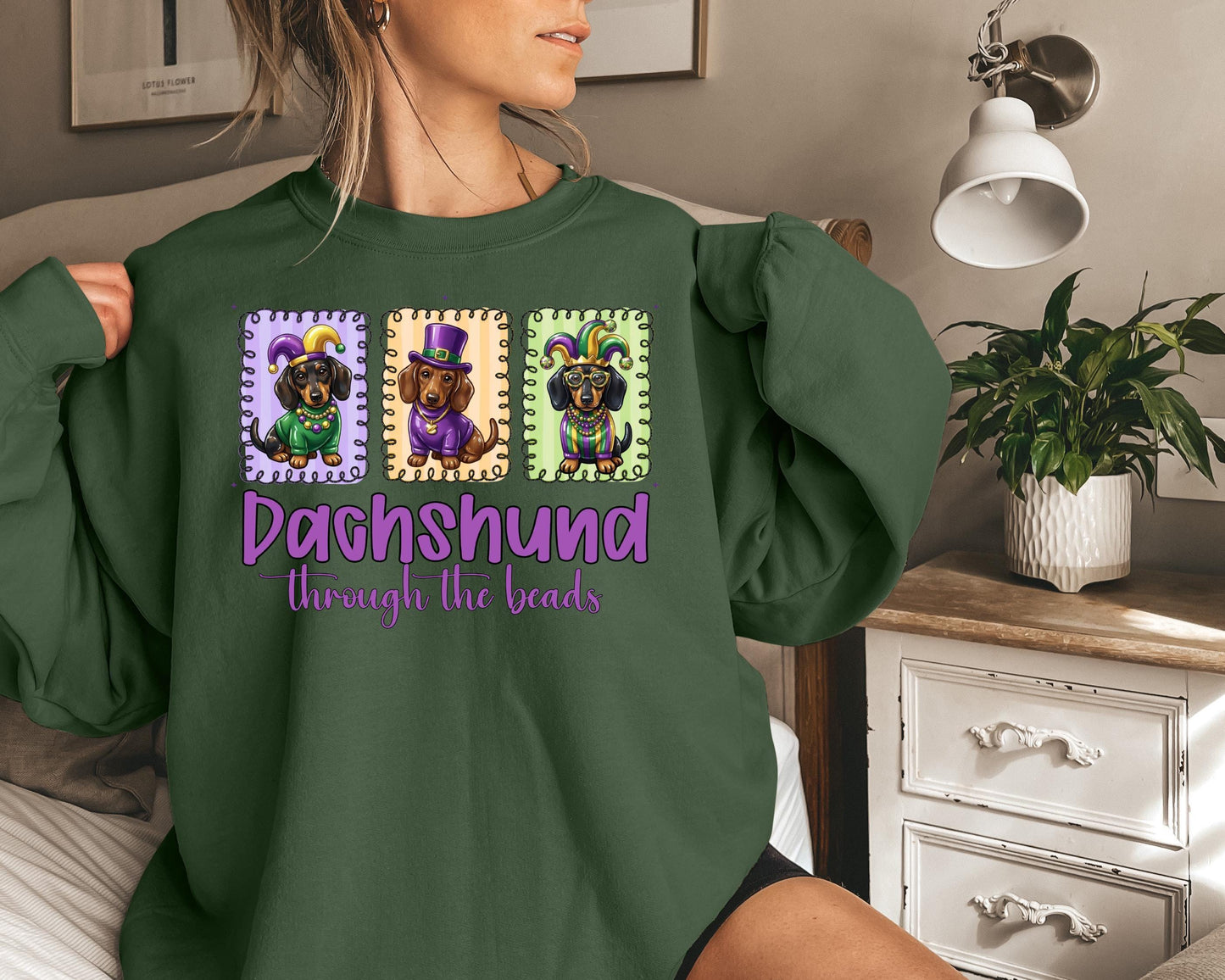 Dachshund Through the Beads Sweatshirt | Mardi Gras Dachshund Crewneck