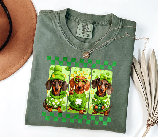 Dachshund T-Shirt St. Patrick's Trio: Clover Pattern, Green Cotton, Unisex Sizes; Shamrock Dachshund